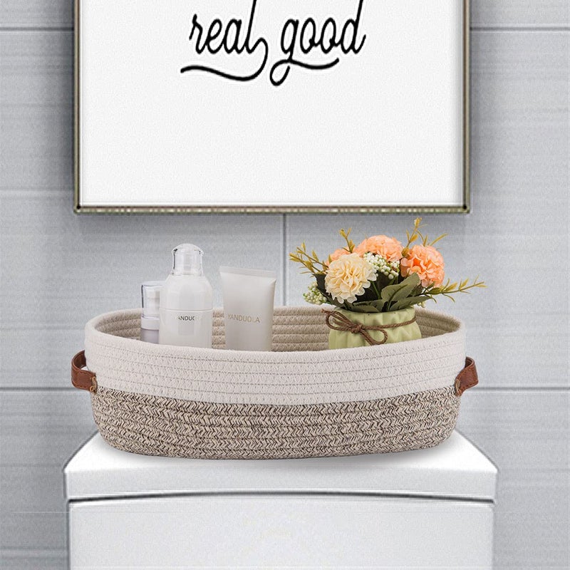 Oradrem Woven Storage Basket for Toilet Tank Top Farmhouse Home Decor Organizing Basket for Bathroom Table and Counter 13""x5.9""x4"" Apricot Stitching White - Image 5